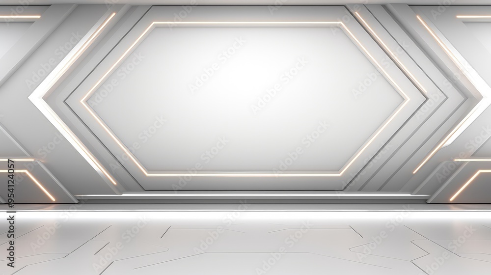 Poster a modern, minimalistic interior with hexagonal design elements and soft lighting.