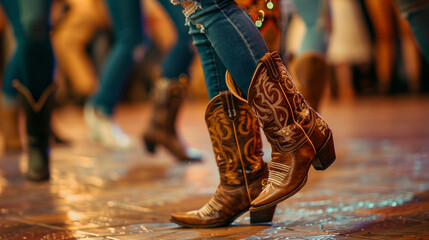 Traditional line dance showcasing detailed cowboy boots in action	