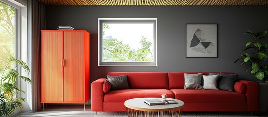 Modern living room featuring a red couch, gray backdrop, bamboo ceiling, and minimalist style.