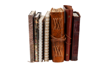antique leather notebook or diary in vertical with drawings and png colors, space for text.