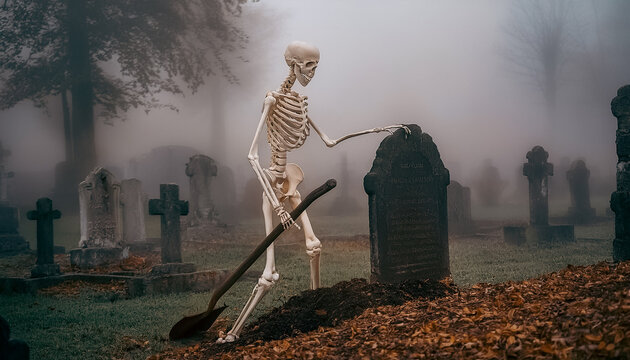 Ein Skelett mit einer Schaufel auf einem alten Friedhof neben einem Grabstein an einem nebligen Herbstmorgen.