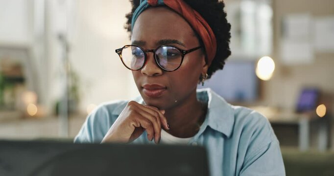 Home, remote work and black woman with thinking by laptop for research, network or creative project. Small business, entrepreneur and person with tech for affiliate marketing, solution or web traffic