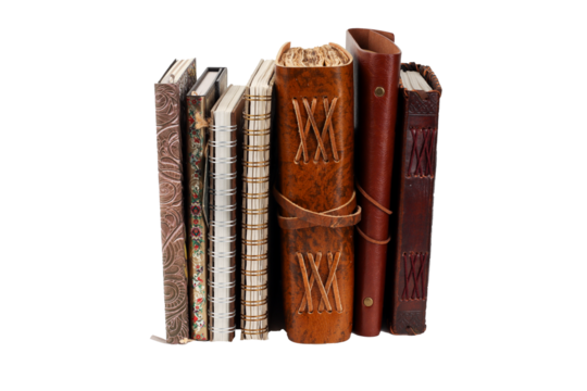 antique leather notebook or diary in vertical with drawings and png colors, space for text.