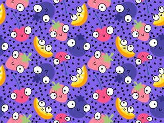 Summer cartoon line art berries seamless strawberry fruit pattern