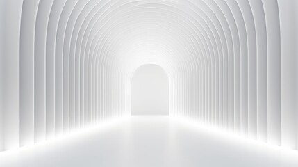 Fototapeta premium A minimalist white tunnel with arched walls leading to a bright entrance.