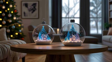 Modern Christmas Living Room with Giant Illuminated Ornament and City View. Generated AI