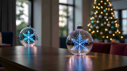 Modern Christmas Living Room with Giant Illuminated Ornament and City View. Generated AI