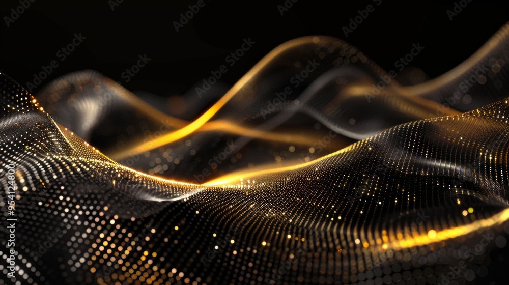 Poster a captivating abstract design showcasing flowing waves in a dark background. these waves are dotted 