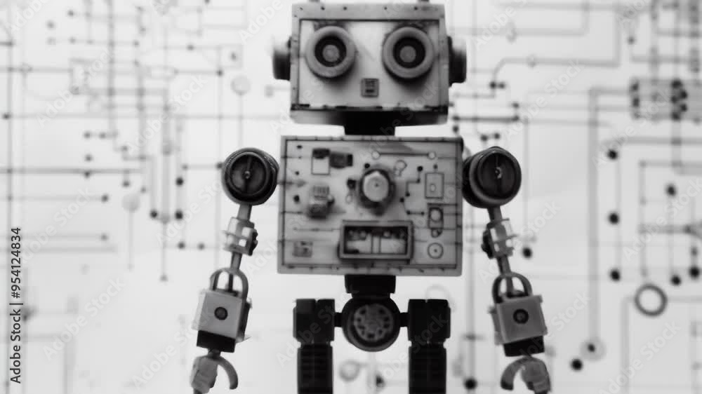Poster vintage robot illustration with a circuit diagram background, symbolizing early robotics and enginee