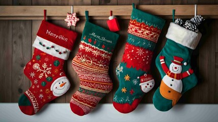Colorful Christmas Stockings Hanging on Festive Garland with Gifts. Generated AI