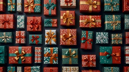 Beautifully Wrapped Christmas Gifts with Festive Ribbons and Patterns. Generated AI