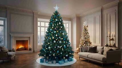Elegant Christmas Tree with Golden Decorations in Cozy Living Room. Generated AI