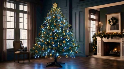 Elegant Christmas Tree with Golden Decorations in Cozy Living Room. Generated AI