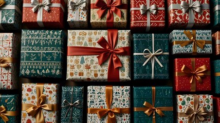 Beautifully Wrapped Christmas Gifts with Festive Ribbons and Patterns. Generated AI