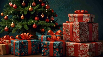 Beautifully Wrapped Christmas Gifts with Festive Ribbons and Patterns. Generated AI