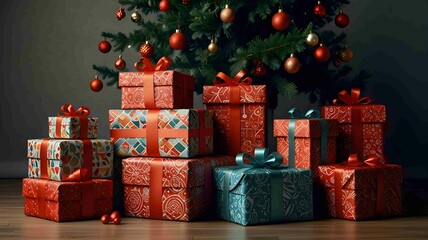 Beautifully Wrapped Christmas Gifts with Festive Ribbons and Patterns. Generated AI