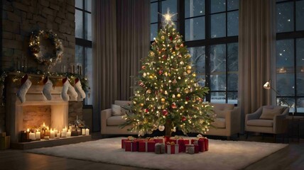 Elegant Christmas Tree with Golden Decorations in Cozy Living Room. Generated AI