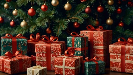 Beautifully Wrapped Christmas Gifts with Festive Ribbons and Patterns. Generated AI