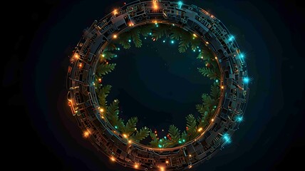 Futuristic Christmas Wreath with Digital and Festive Elements. Generated AI