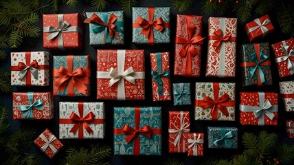 Beautifully Wrapped Christmas Gifts with Festive Ribbons and Patterns. Generated AI