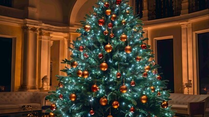 Elegant Christmas Tree with Golden Decorations in Cozy Living Room. Generated AI