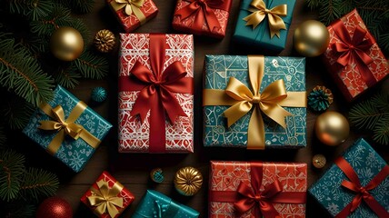 Beautifully Wrapped Christmas Gifts with Festive Ribbons and Patterns. Generated AI