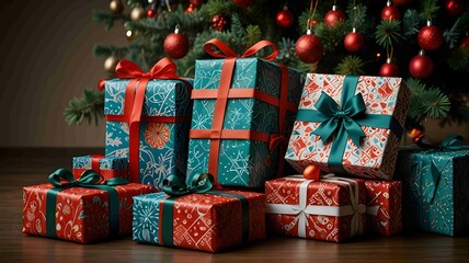 Beautifully Wrapped Christmas Gifts with Festive Ribbons and Patterns. Generated AI