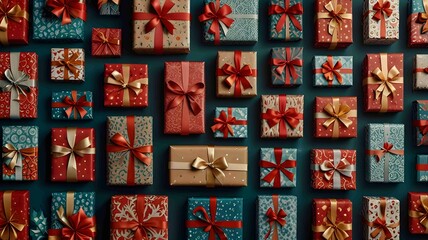 Beautifully Wrapped Christmas Gifts with Festive Ribbons and Patterns. Generated AI