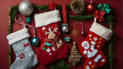 Colorful Christmas Stockings Hanging on Festive Garland with Gifts. Generated AI