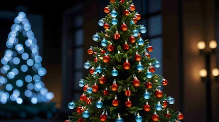 Elegant Christmas Tree with Golden Decorations in Cozy Living Room. Generated AI