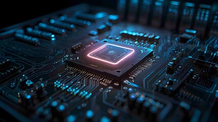 Futuristic Microchip on Advanced Circuit Board with Neon Glow. Generated AI