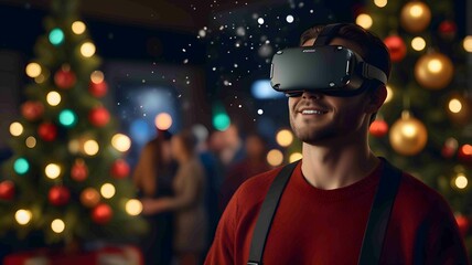 Smiling Man Enjoying Virtual Reality Experience at Festive Christmas Party. Generated AI