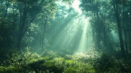  A lush forest brimming with countless green trees and beams of radiant sun illuminating the path along the road