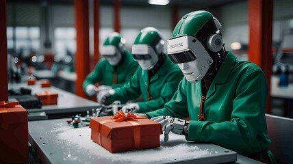 Robot Assisting Santa Claus in Modern Christmas Gift Factory. Generated AI