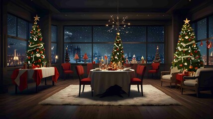 Elegant Christmas Dining Room with Decorated Trees and Festive Table Setting. Generated AI