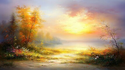 Fototapeta premium A painting captures a serene path that leads to a calm lake surrounded by lush trees, set against a beautiful sunset backdrop