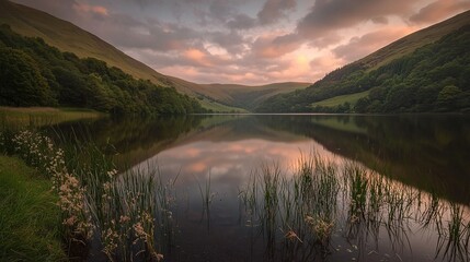 Obraz premium Lake encircl'd by verdant hills 'neath cloudy sky, w/ pink hue in focal point