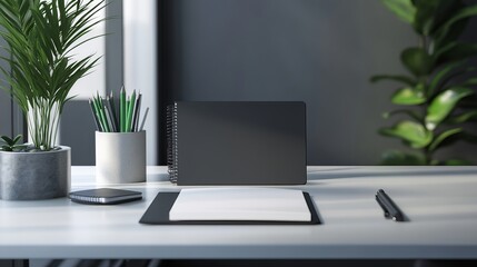 Fototapeta premium Neat office desk with notebook mockup