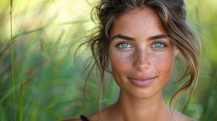 Portrait of a young woman with freckles and blue eyes smiling in a field