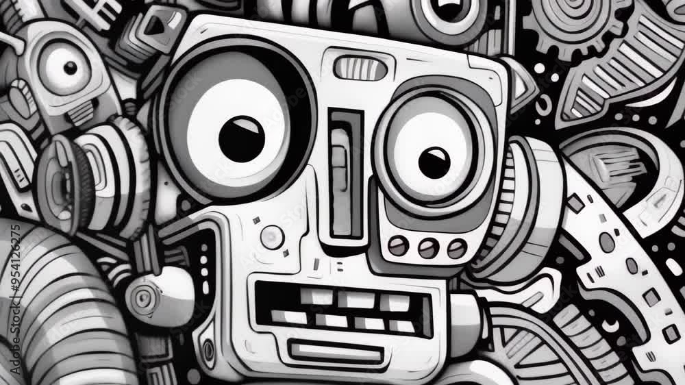 Poster abstract black and white robot face with intricate mechanical details, capturing the essence of futu