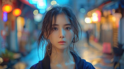 Obraz premium Young Woman in the City at Night