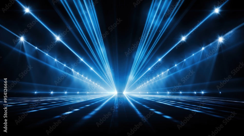 Poster a dynamic display of blue beams of light converging in a dark space, creating an energetic atmospher