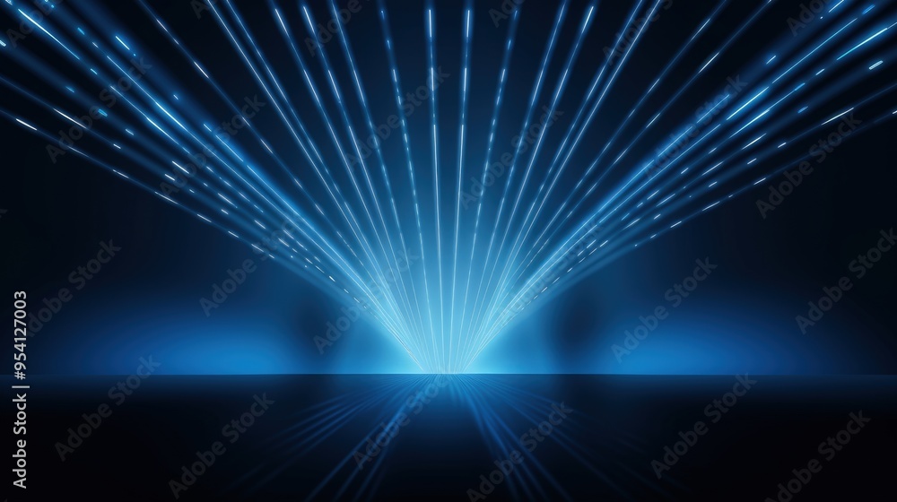 Poster a vibrant blue light display with beams radiating from a central point, creating a dynamic effect.