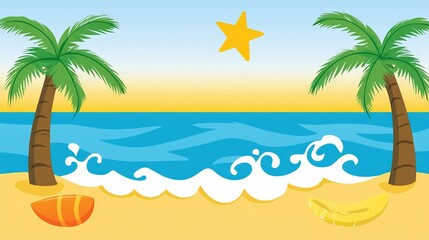 Fototapeta na wymiar A stunning beach setting with two palm trees, a shining star, and a surfboard in the foreground, leading to the vast ocean in the background