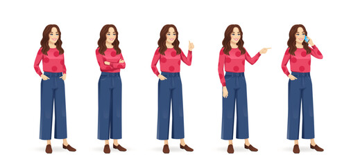 Obraz premium Young beautiful woman with curly hair standing half turn view different poses set. Standing, showing, pointing, talking on the phone, thumb up isolated vector illustration.