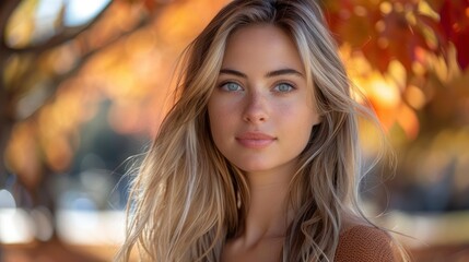 Fototapeta premium Young Woman with Blonde Hair and Blue Eyes in Autumn