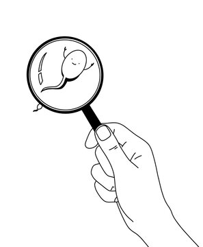 recommend clip art: outline, hand holding a magnifying glass showing a sperm cell. Vector illustration