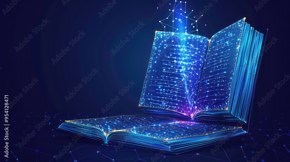 Poster a glowing open book with intricate patterns of light, floating on a dark background with a network o