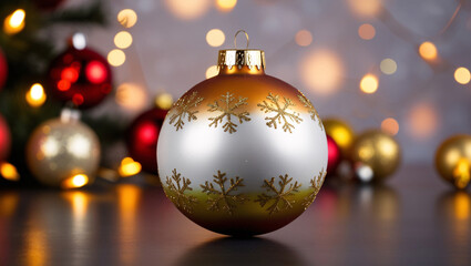 Obraz premium Silver Golden colored Christmas ball bauble with gold snowflake ornaments, all within a bokeh effect bright lights background, wallpaper illustration, marketing advertisement promotional image