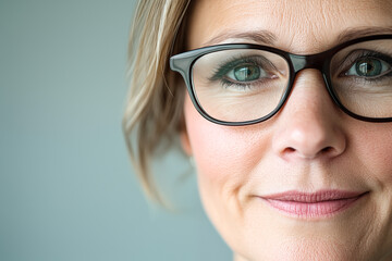 face of an attractive blonde woman wearing black frame glasses in extreme close up with plain background for copy text